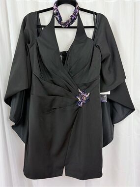 Black Halter Caped Midi Dress w/Purple Embellishments & Choker Neck 12S